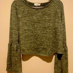 Army green Knit cropped hem line top, with flowing empire style sleeves